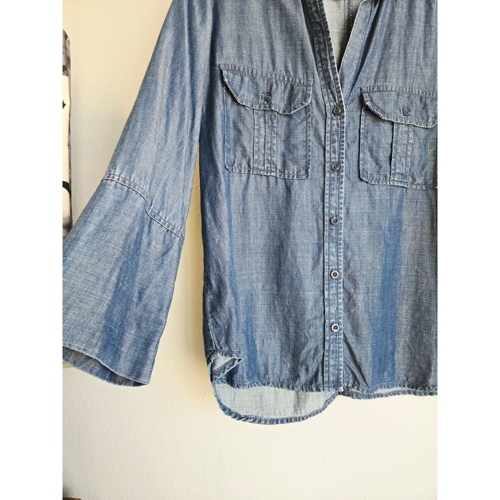 Bella Dahl Tencel Utility Bell Sleeve Button Down Shirt Blue Medium